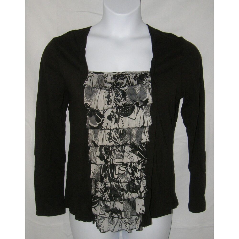 Black Sz Large Long Sleeve Stretchy Layer Look Ruffled Inset Shirt PASSPORTS